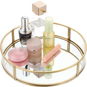 ELLDOO Gold Round Glass Decorative Tray, 9.9inch Metal Mirrored Jewelry Tray, Makeup Perfume Organizer for Bathroom Sink Vanity Dresser