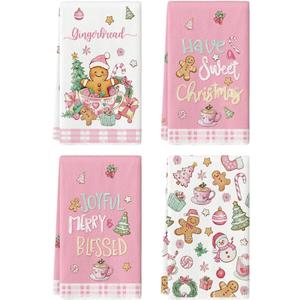Artoid Mode Pink Gingerbread Sweet Candy Cane Christmas Kitchen Towels Dish Towels, 18x26 Inch Farmhouse Holiday Winter Decoration Cleaning Set of 4