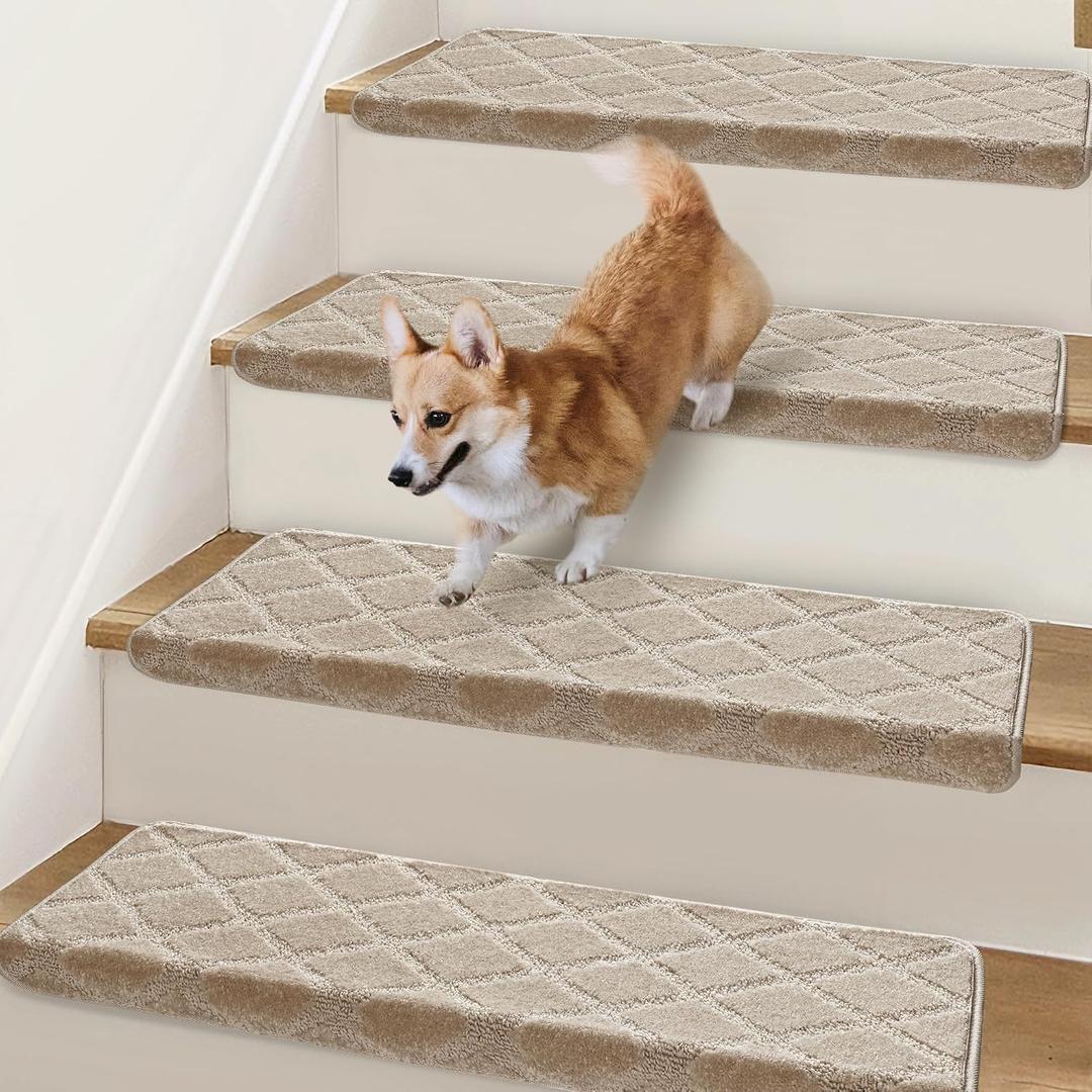 Bullnose Stair Treads Non Slip 9.5" x 36", 14 Pcs Carpet Stair Treads for Wooden Steps Indoor with Edge Protection, Reusable Peel and Stick TPU Backing Stair Runner Rugs - Diamond Pattern Beige Grey