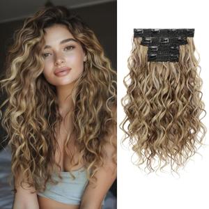 REECHO Curly Hair Extensions, 4PCS 16 inch Clip in Hair Extensions Lace Weft Short Curly Hair Extension Clip Ins Invisible Natural Hairpieces for Women, Light Brown with Blonde Highlights