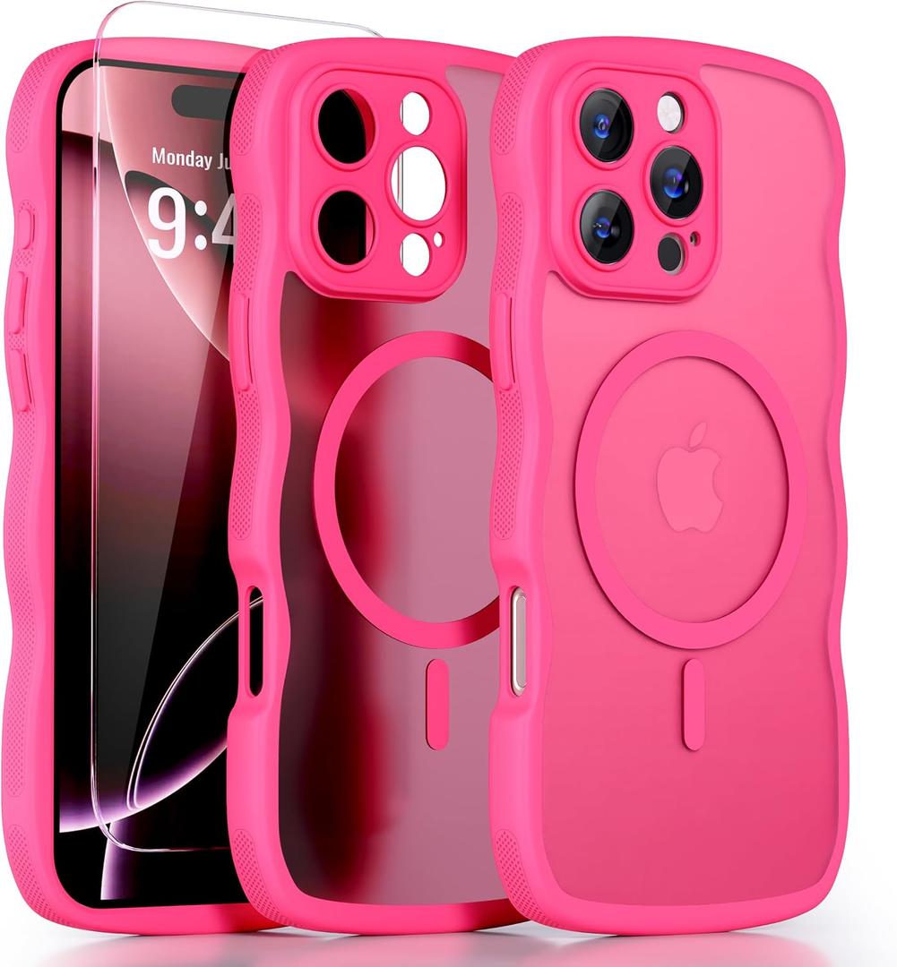 QVLANG Case for iPhone 16 Pro Max, Cute Wave Cover Case, Upgraded[Full Camera Protection][Compatible with Magsafe][Military Grade Protection][Translucent Matte] Phone Case for Women Girls, Hot Pink