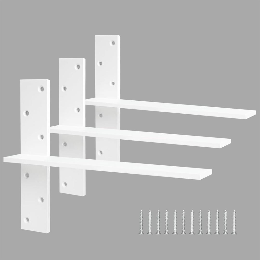 Floating Shelf Bracket 3/8" Thick Heavy Duty Shelf Brackets White 3 Pack Free Hanging Countertop Support Bracket 20" Lx2.5 W Floating Wall Brackets for Cabinets, Dishwasher, Bench Seats Vanities
