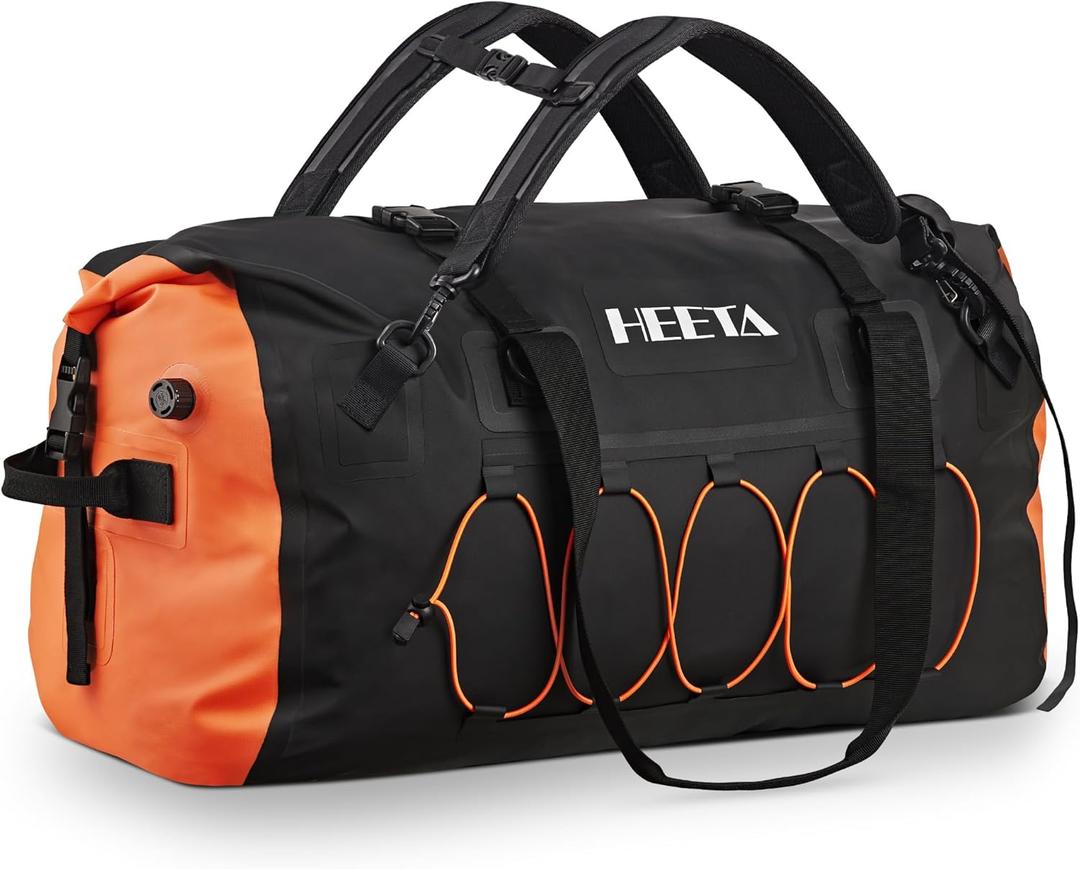 HEETA Waterproof Duffel Bag Motorcycle Dry Bag Backpack, 60L/80L Extra Large Rolltop Travel Duffle Bags with Straps & Handles for Kayaking Rafting Boating Canoeing Camping Gym Beach Cruise Ship (Black)