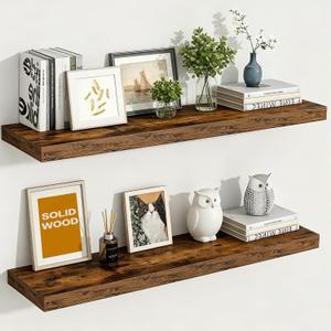 Solid Wood Floating Wall Shelves, Wall Mounted Display Bookshelf for Bedroom, Bathroom, Kitchen, Living Room, Decor Wall,Set of 2 (Country Style Brown, 35.8'W *9.25" D*1.57" H,Set of 2)