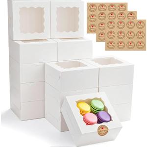 30pcs Cookie Boxes with Window, 6x6x3 Inches White Bakery Boxes, 36 Pcs Stickers,for Small Cookies, Treats, Candy, Desserts, Chocolate Covered Strawberries,Mini Cake Boxes