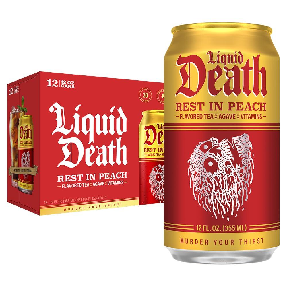 Liquid Death, Rest in Peach Iced Tea, 12-Pack (12 oz Cans), Peach Flavored Back Tea, Low Calorie, No Artificial Sweeteners, B12 & B6 Vitamins, Best By 01/14/2027