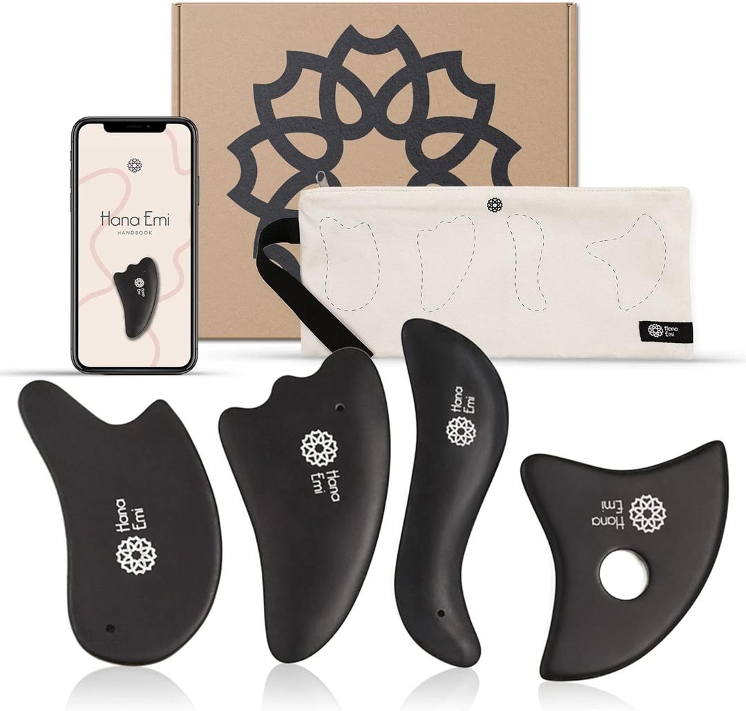 Gua Sha Facial Tools Set of 4 - Large Bian Stone for Face & Body Massage - Glowing Massage Tool & Body Set for Daily Skincare Routine (Large 4 Set)