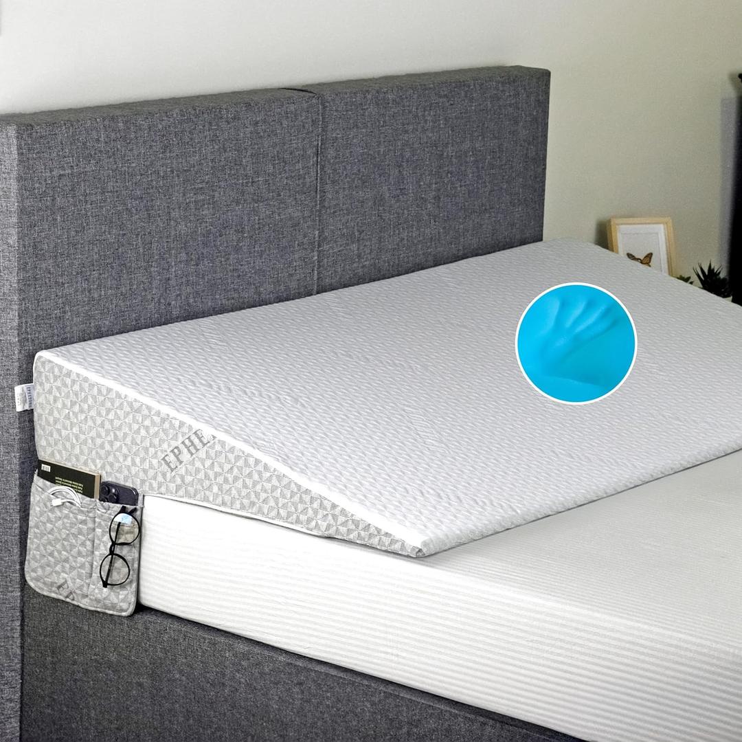 Under Mattress Wedge for Acid Reflux, Queen Size Bed Wedge, Under Support & Mattress Riser, Memory Foam Top 7.5-Inch Head Riser Incline Topper, Non-Slip Bottom & Side Storage Pockets