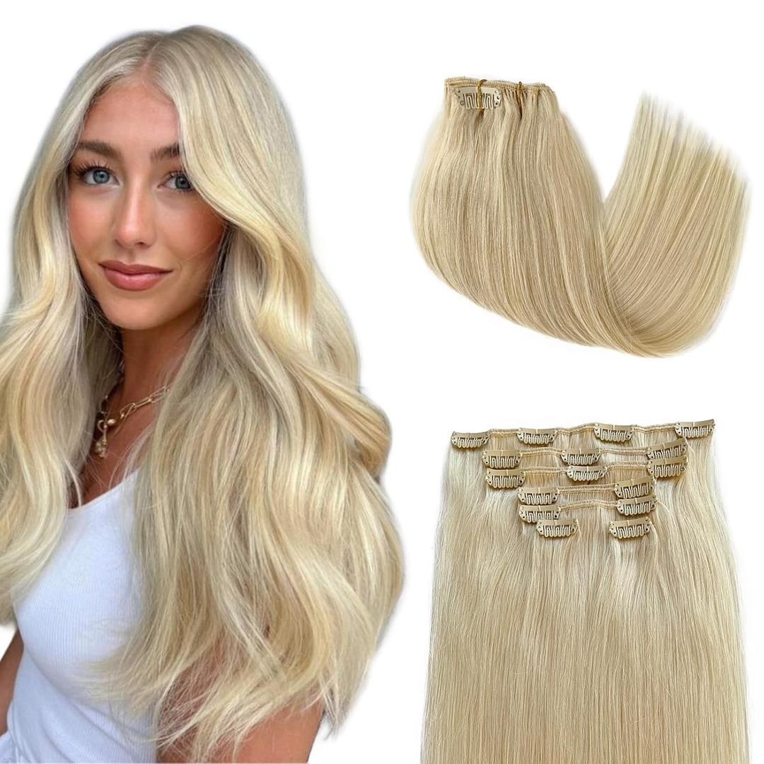 Clip in Hair Extensions Real Human Hair #60 Platinum Blonde Human Hair Extensions Long Straight 22 Inch Fine Real Remy Hair Blonde Clip in Extension 70Grams Per Pack