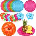 24 Pcs Luau Placemats and Flower Place Mat, Round Luau Fringe Place Mats Tropical Hibiscus Place Mats Bulk Summer Hawaiian Plate Table Placemats Tropical Party Supplies
