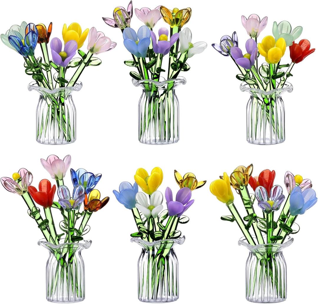 FoldTier 42 Pcs Valentines Mini Glass Flower Decoration Hand Blown Glass Flower Figurines Collectible Ornaments with Vase for Mothers Day Birthday Table Centerpiece Garden DIY Craft(Tulip)