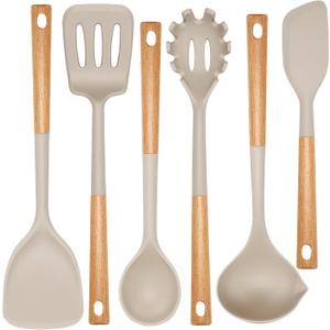 NCUE Kitchen Utensils Set, Large Non-stick Silicone Cooking Utensils Set 6 Pcs, Wooden Handle Heat Resistance Silicone Spatula Soup Ladle Pasta Server Kitchen Gadgets Utensils Set BPA Free (Khaki)