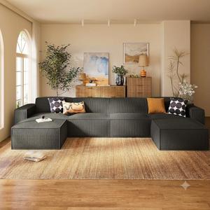 Marsail Modular Sectional Sofa, 142" U-Shaped Modular Sectional Couch with Deep Seat, Freely Combinable Sectional Cloud Sofa for Living Room, No Assembly, Plush Corduroy Fabric, Grey