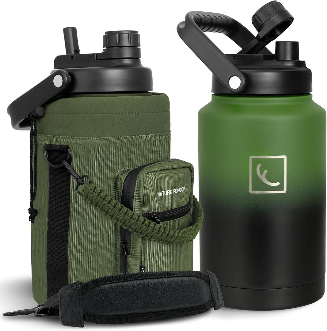 NATURE PIONEOR 1 Gallon Insulated Water Bottle - Double Vacuum Stainless Steel 128 oz Water Bottle with Holder, Wide Mouth & 2-in-1 Lid (Flip Straw & Spout), 1 Gallon Water Jug, Hiking, Camping, Gym Green Black