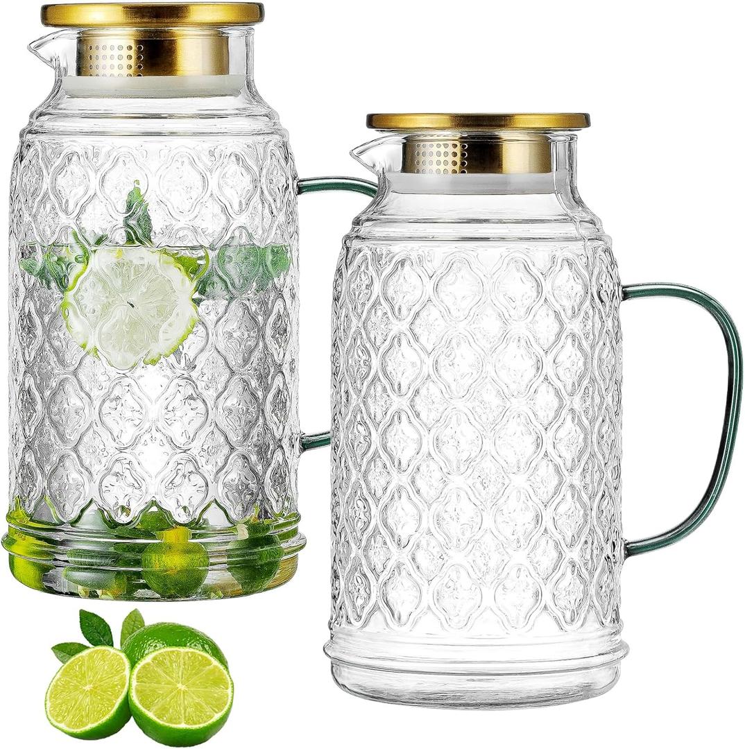 Glass Pitcher with Lid, 2 PACK 84 oz/2.5L Liter Vintage Water Pitcher, Clear Borosilicate Glass Water Carafe for Cold Brew, Coffee, Lemonade, Iced Tea,Beverage, Heat Resistant