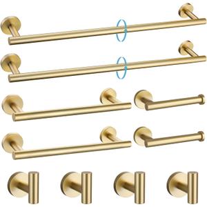 TURS Brushed Gold 10 Pieces Bathroom Hardware Set, SUS304 Stainless Steel 24 Inch Bath Towel Bar Set, Round Bathroom Accessories Kit Wall Mounted