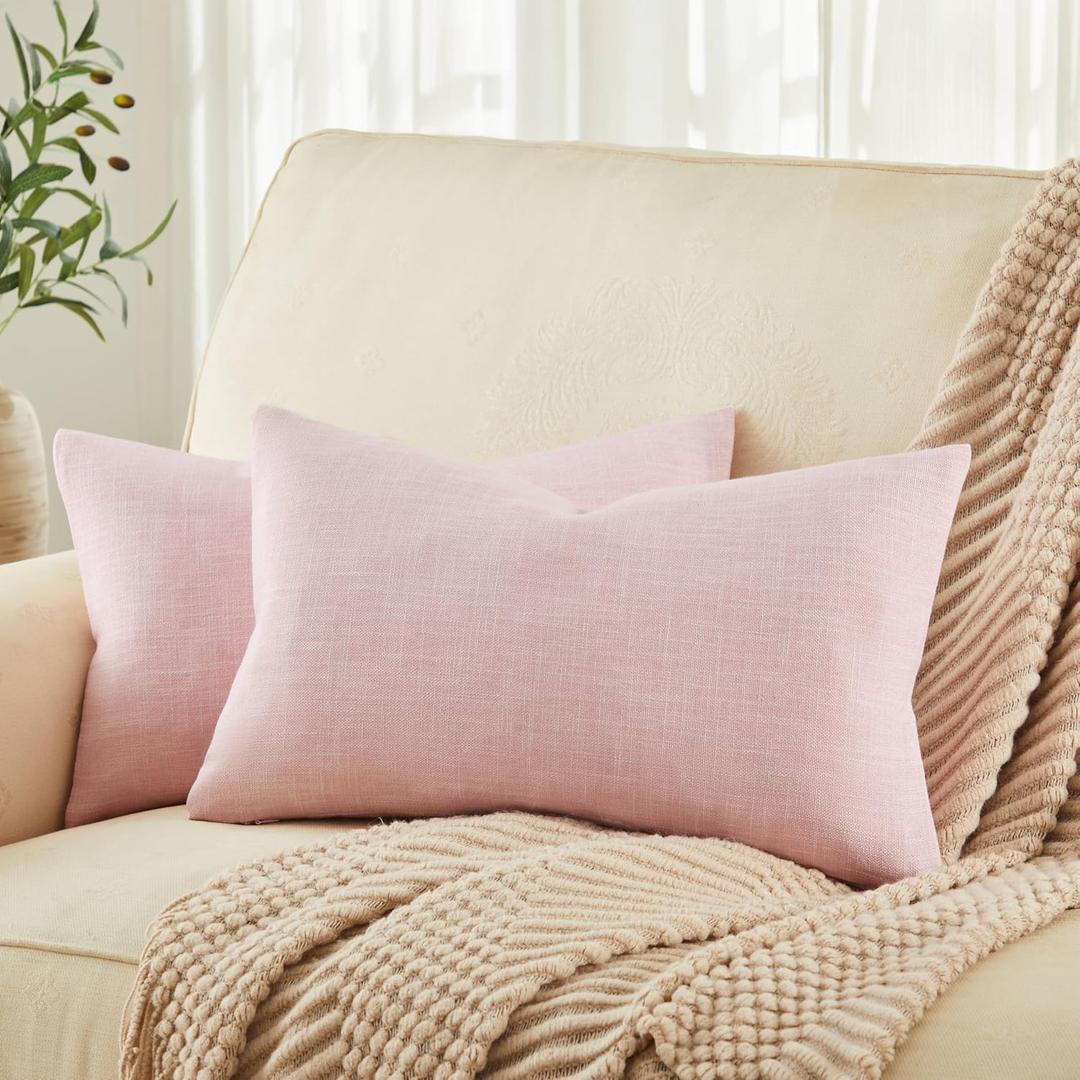 ZeeMart Rustic Cotton Linen Lumbar Throw Pillow Covers Set of 2, 12x20 Inch Pink, Farmhouse Style Decorative Couch Pillow Cases Cushion Covers for Sofa Bed Living Room Home Decor
