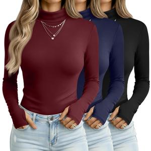 3 Pack Women's Long Sleeve Turtleneck T-Shirts, Thumbhole Slim Fit Base Layer Tops Mock Neck Thermal Underwears (Red, Navy Blue, Black)