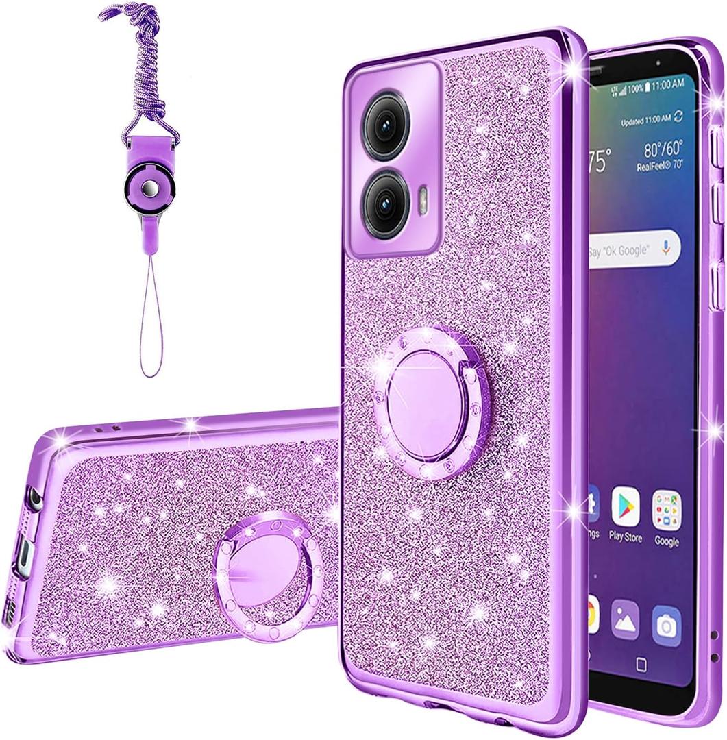 for Moto Edge 5G 2024 Phone Case for Women Girls Glitter Crystal Soft Clear TPU Luxury Bling Cute Protective Cover with Kickstand Strap for Motorola Moto Edge 5G 2024 (Glitter Purple