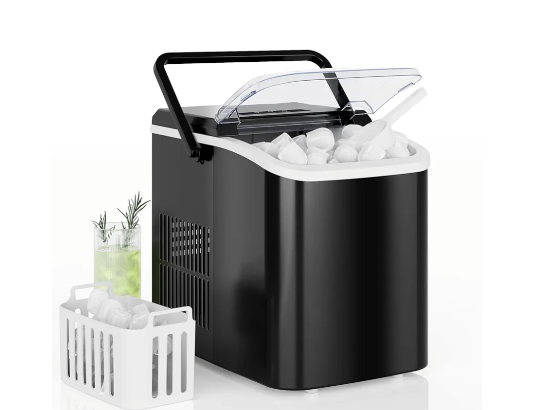 DUMOS Countertop Ice Maker with Handle, 26lbs/24H Portable Ice Machine, 9 Bullet Ice Cubes Ready in 6 Mins, Self-Cleaning, Quiet Compact Ice Maker for Home, Kitchen, RV, Camping, Black