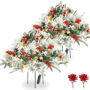 Tigeen 2 Pcs 22 Inch Timer Prelit Christmas Urn Filler, Outdoor Planter Pots Filler Prelit Xmas Pine Trees with Cones and Red Berries 50 Warm White LED with 8 Light Modes for Yard Porch Decor(Snow)