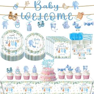 139 PCS Greenery Gender Reveal Baby Shower Plates and Napkins Supplies, Boho Greency Party Decorations Tableware Set Dessert Plates Napkins Forks for 20 Guests (Blue)