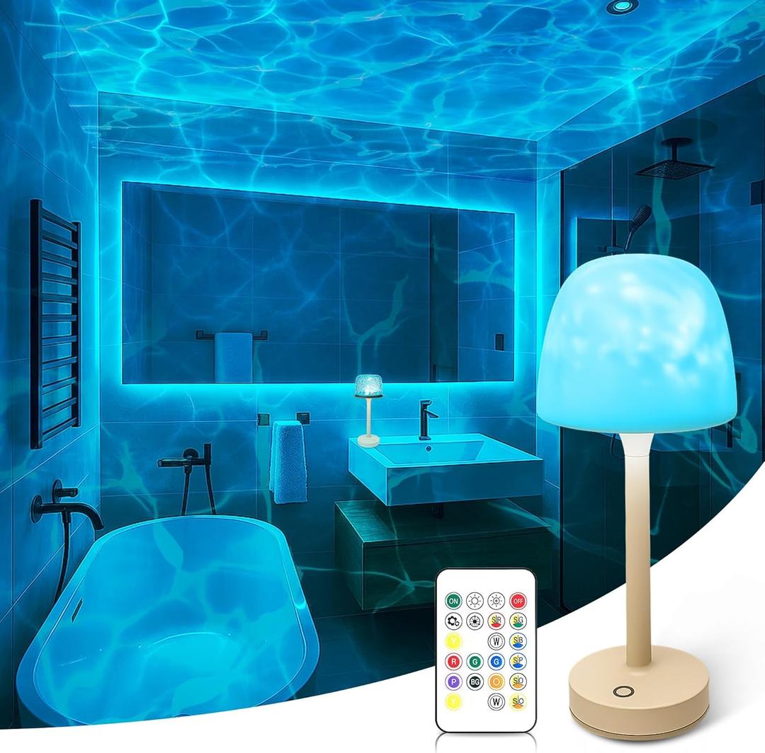 Waterproof Shower Lamp for Inside Shower, Rechargeable Bathroom Lamp with Remote & Touch Control, Cordless Shower Light with 16 Color Changeable, LED Ocean Wave Projector Light for Bathroom/Bathtub (White)
