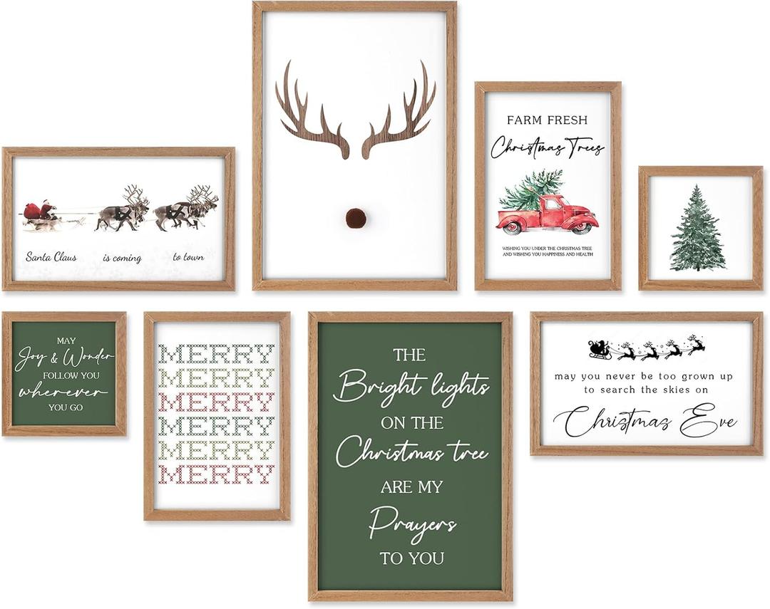 Faccito 8 Set Christmas Wall Art Decor Merry Christmas Wooden Framed Art Decor Xmas Elk Wall Decoration for Home Gallery Large Winter Decoration for Kitchen Bedroom Bathroom Living Room