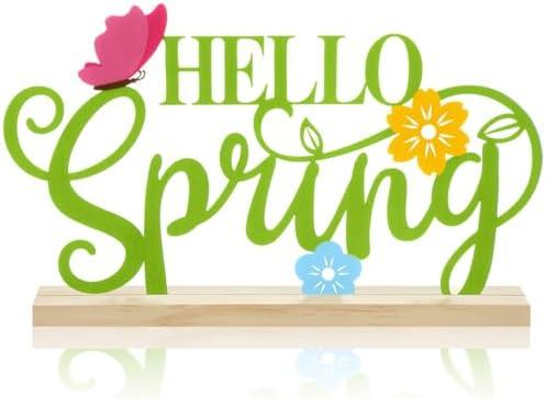 Roowest Metal Hello Spring Table Sign with Wooden Base Spring Flower Butterfly Tabletop Decoration Centerpiece Farmhouse Rustic Seasonal Tiered Tray Decor for Home Office Desk Shelf Mantel Easter Gift