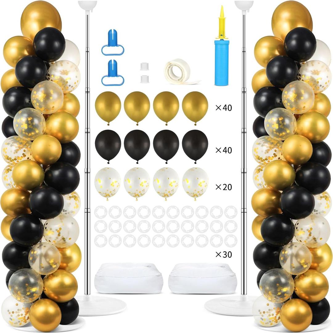 2 Sets Balloon Column Stand Kit with 100 Balloons Adjustable Balloon Tower Stand with Bases for Floor Balloons Column Kit for 2026 Graduation Birthday Appreciation Party Decor Black and Gold