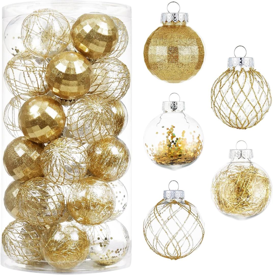 30ct Christmas Ball Ornaments-60mm/2.36" Shatterproof Clear Plastic Xmas Balls Baubles Set with Stuffed Delicate Sparkling, Hanging Christmas Tree Decorations (Gold)