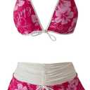 Floerns Women's 3 Piece Bikini Sets Boho Floral Print Halter Swimsuit Layered Ruffle Bathing Suit (Pink, M)