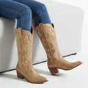 Athlefit Women's Embroidered Western Cowboy Boots Fashion Pointed Toe Chunky Heel Mid Calf Cowgirl Boots