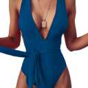 Lilosy Sexy Tie Criss Cross Plunge One Piece Thong Swimsuit High Cut Brazilian Bathing Suit (Large, Dark Blue)