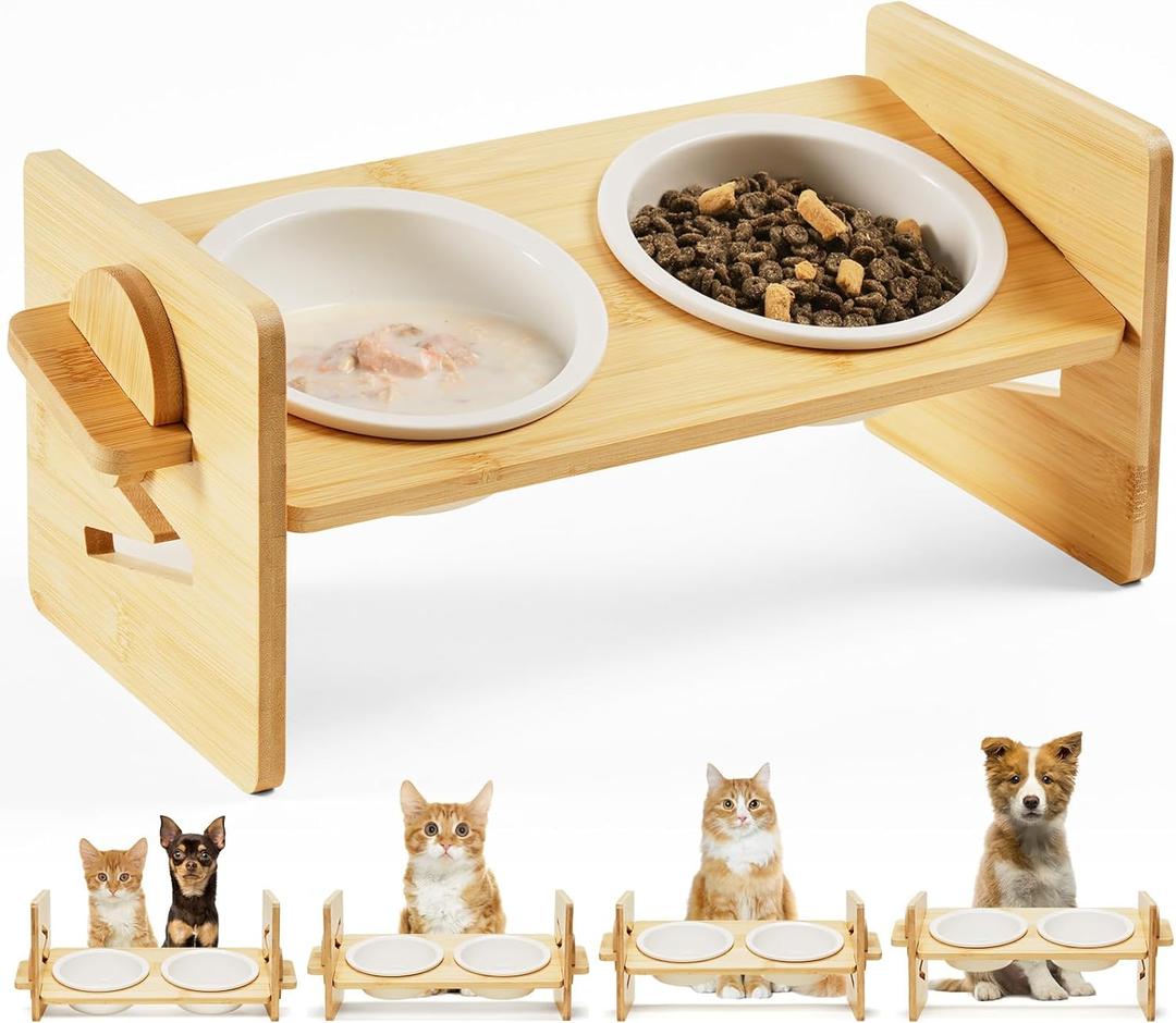 Ceramic Elevated Cat Bowls -15° tilted design Raised Bowl for Indoor Cats & Small Dogs, Natural Bamboo, Anti Vomiting, Dishwasher Safe, Two 11-fl oz cat bowls