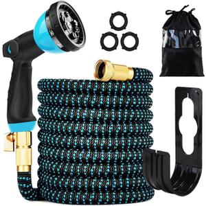 100 ft Expandable Garden Hose - Kink Free Flexible Water Hose with Thumb-Controlled 10-Function Nozzle, 3/4 Solid Connectors, Durable 3750D Fabric, 4-Layer Latex Core