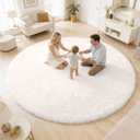 OLANLY Ivory Round Rugs for Bedroom - Machine Washable, 8 ft Circle Area Rugs for Living Room, Soft and Fluffy Shaggy Carpet for Teen Girls and Boys, Nursery Rooms, Dorms, Home Decor Aesthetic