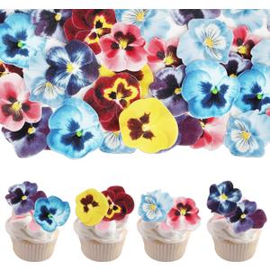 60 PCS Edible Flowers Cupcake Toppers Edible Spring Bridal Engagement Pansies Cake Decorations Wafer Paper Flowers Cupcake Picks for Baby Shower Kids Birthday Party Cake Food Decorations Supplies (Design 3)