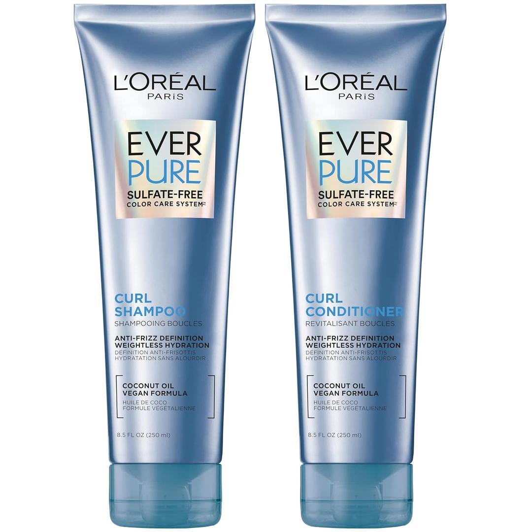 L'Oreal Paris Sulfate Free Shampoo and Conditioner for Curly Hair, Lightweight, Anti-Frizz Hair Care with Coconut Oil, EverPure, 8.5 Fl Oz, Set of 2 