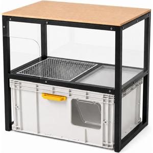 Cat Litter Box Enclosure with Litter Pan, Anti-Tracking Mesh Step, Pull-Out Tray, Clear Acrylic Splash Guards, Wood-Look Top Shelf, Hidden Cat Washroom Cabinet