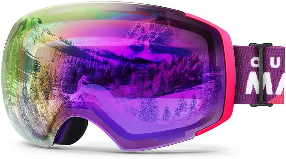 OutdoorMaster Ski Goggles PRO - Frameless, Interchangeable Lens 100% UV400 Protection Snow Goggles for Men & Women (Pinkframe Purplerevoredlens Vlt45%)