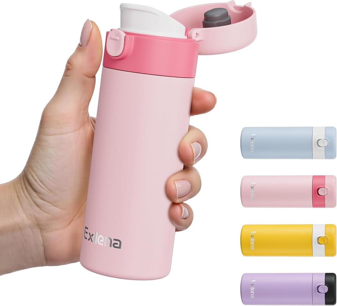 Exllena Small Insulated Water Bottle with Push-Button Lid 7.5oz/220ml Mini Flask, Leakproof Mini Water Bottle for Coffee, Milk, Travel, School & Office Use(Pink & Magenta)
