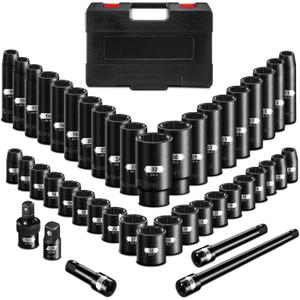 45PCS 1/2” Drive Metric Impact Socket Set, pgroup Deep & Shallow Socket Set with Extension Bars, Adapter and Universal Joint, Size 9-32mm, 6-Point Design, Chrome Vanadium Steel, Includes Storage Case