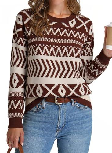 Dokotoo Brown Sweater Casual Long Sleeve Pullover Tops Crew Neck Color Block Cozy Sweaters for Women Spring Clothes Large 