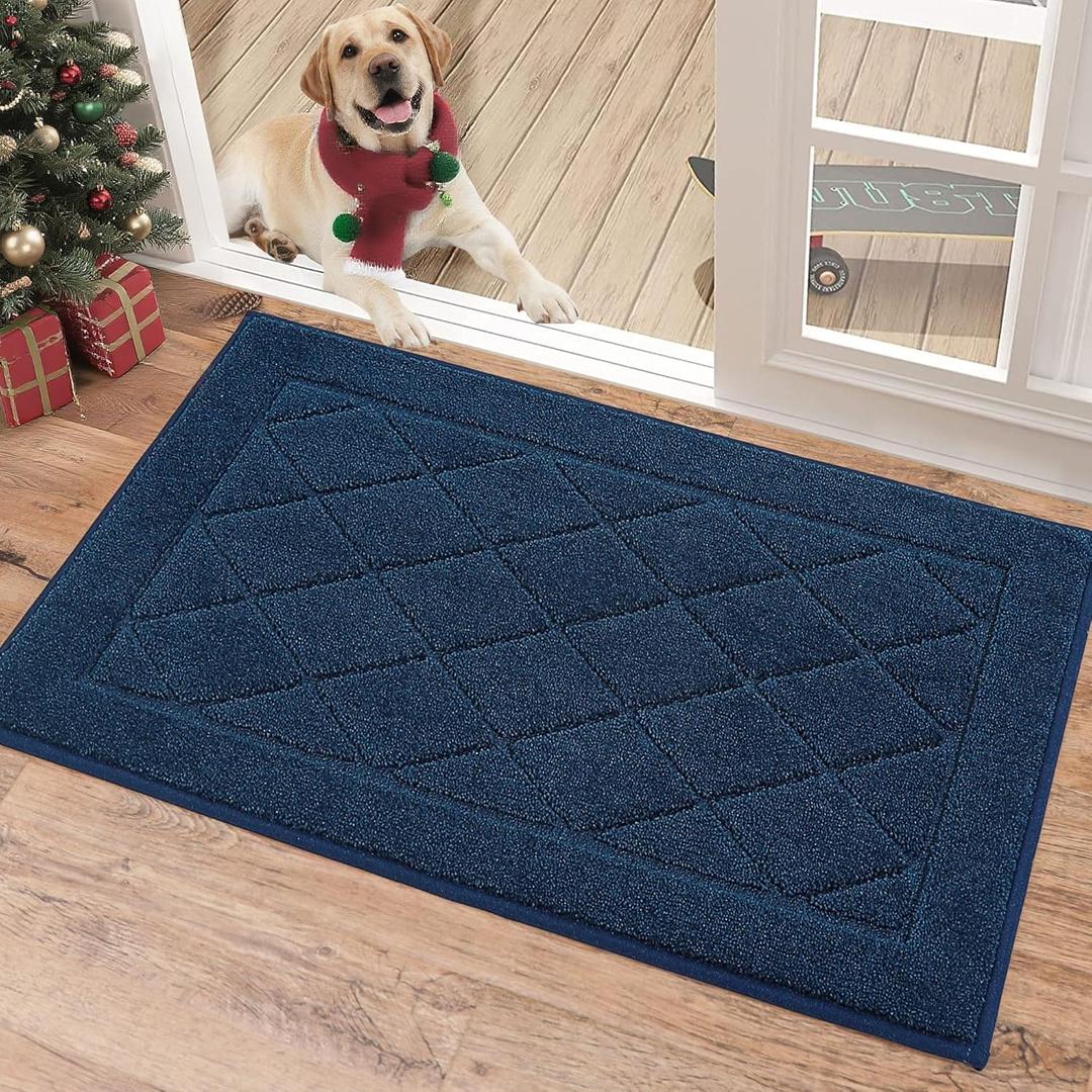 BEQHAUSE Dirt Trapper Door Mat 20" x 32", Doormat Non-Slip Entryway Rugs Washable, Dog Door Mat Stain Resistant and Absorbent Welcome Floor Mat for Front Back Door, Muddy Wet Shoes & Paws, Navy Blue