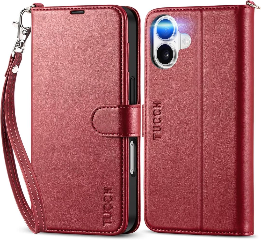 TUCCH Wallet Case for iPhone 16 with [Wrist Strap], Magnetic Closure RFID Blocking 4 Card Slot, Stand Shockproof TPU Shell PU Leather Folio Compatible with iPhone 16 2024, Dark Red with Wristlet
