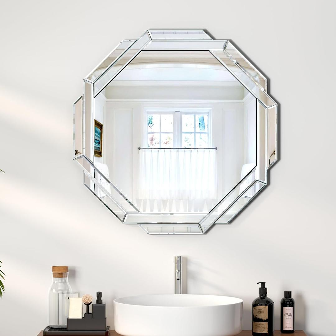 Bathroom Mirror-28X28 Wall Mirrors Decorative, Beveled Edge Frameless Mirror for Wall Bathroom, Vanity Room, Bedroom, Living Room and Entryway (Silver)