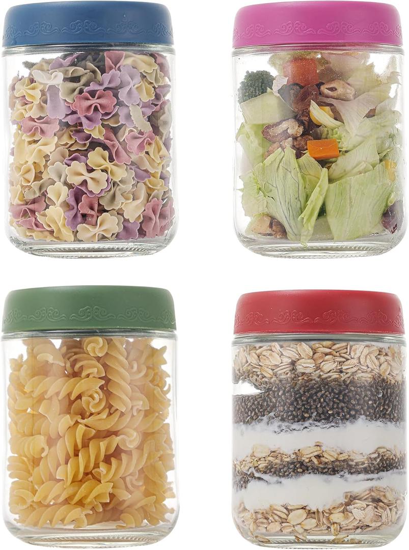 GLATABAM 16 OZ 4Pack, Overnight Oats Jars with Lids, Glass Meal Prep Containers, Airtight Mason Jars for Breakfast, Yogurt Parfait, Salad & Smoothies, Leakproof and Reusable Food Storage Jars(41)