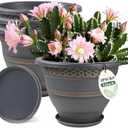 4 Pack 12 Inch Large Plant Pots, Plastic Flower Pot for Indoor & Outdoor with Drainage Holes & Saucer, Plaid Pattern Planters Garden Pots for Herbs 