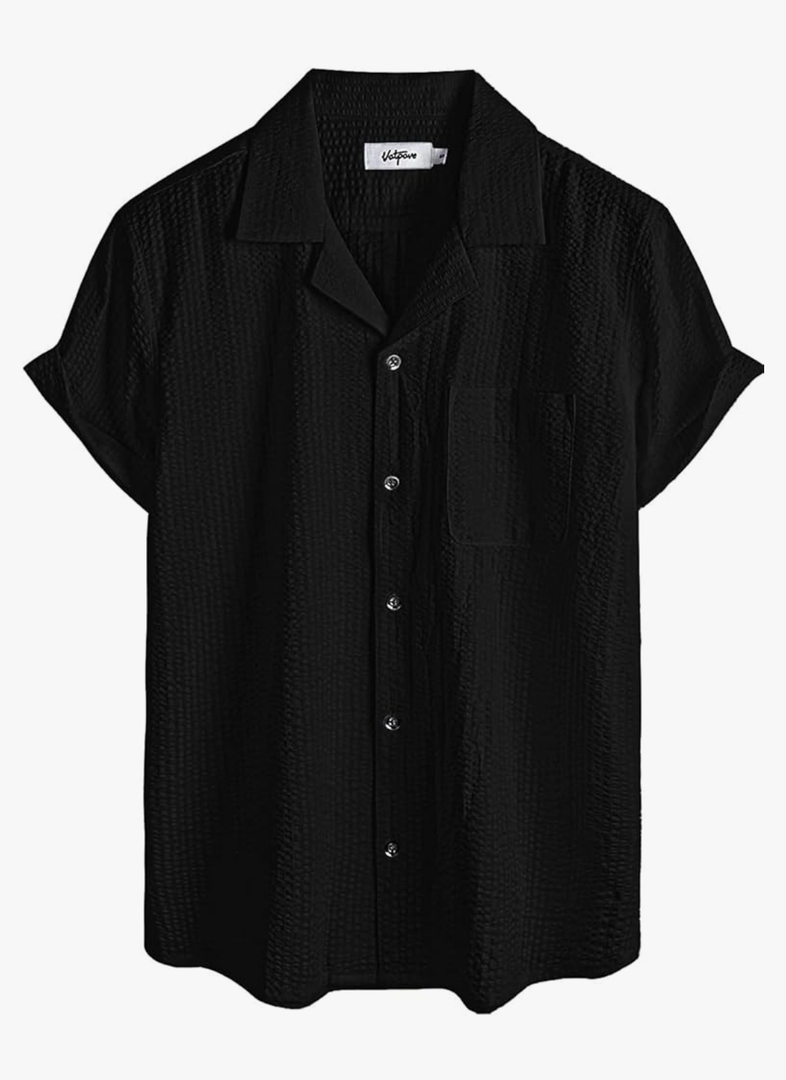 VATPAVE Mens Striped Summer Shirt Casual Button Down Short Sleeve Beach Shirts Cotton Linen Shirts for Men 14, Pure Black